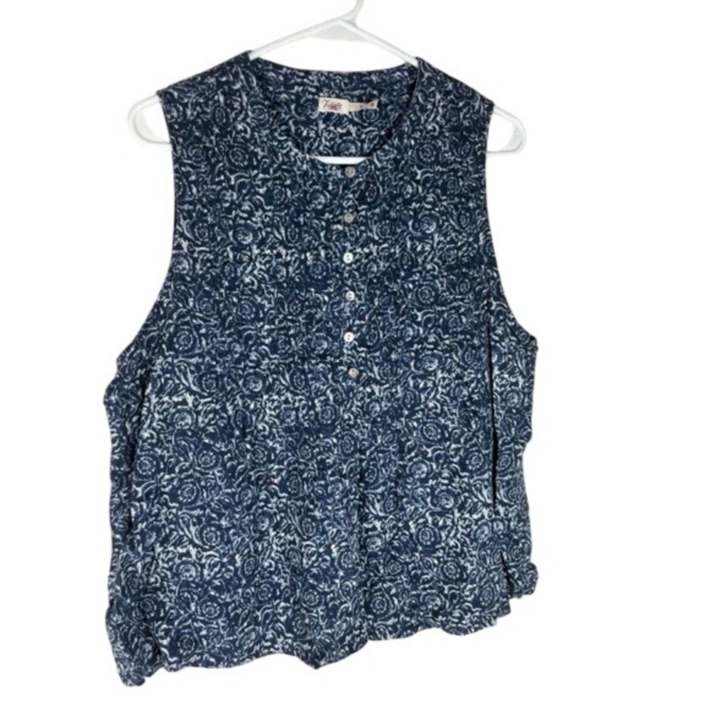 Faherty Isha Blue & White Floral Linen Blend Pintuck Tank Top